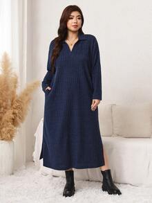 SHEIN LUNE Plus Size Women Solid Color Lapel Long Sleeve Side Slit Hem Casual Flowy Baggy Dress Home Wear Vacation Evening Navy Blue Autumn - Navy Blue - View 3