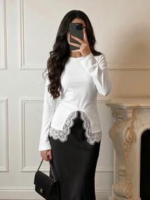 Feyla New Design Asymmetrical Lace Patchwork Minimalist Elegant Versatile T-Shirt For Daily Wear, Parties And Vacation - White - View 7