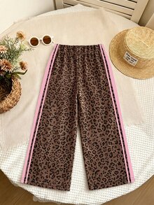 Young Girl Casual Minimalist Young Girl Leopard Print Everyday Long Pants - White - View 2