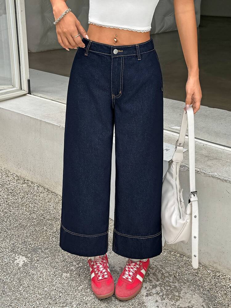 SHEIN PETITE 女款原色牛仔低腰九分褲，舒適輕量丹寧夏季深藍色百慕達短褲，適合嬌小女性 - 深色水洗藍 - 查看 3
