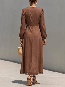 SHEIN Ladies' Autumn-Winter Dress, Featuring A Lace Brown V-Neck Design With An Elegant Style, Suitable For Parties, Banquets,Commuting,And Office Settings. - Brown - View 3