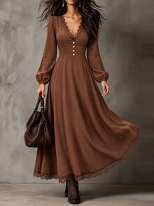 SHEIN Ladies' Autumn-Winter Dress, Featuring A Lace Brown V-Neck Design With An Elegant Style, Suitable For Parties, Banquets,Commuting,And Office Settings. - Brown - View 6