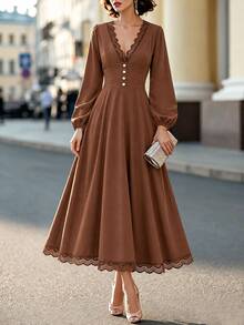 SHEIN Ladies' Autumn-Winter Dress, Featuring A Lace Brown V-Neck Design With An Elegant Style, Suitable For Parties, Banquets,Commuting,And Office Settings. - Brown - View 8