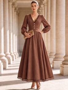 SHEIN Ladies' Autumn-Winter Dress, Featuring A Lace Brown V-Neck Design With An Elegant Style, Suitable For Parties, Banquets,Commuting,And Office Settings. - Brown - View 7