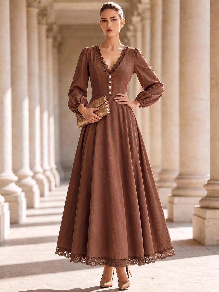 SHEIN Ladies' Autumn-Winter Dress, Featuring A Lace Brown V-Neck Design With An Elegant Style, Suitable For Parties, Banquets,Commuting,And Office Settings.