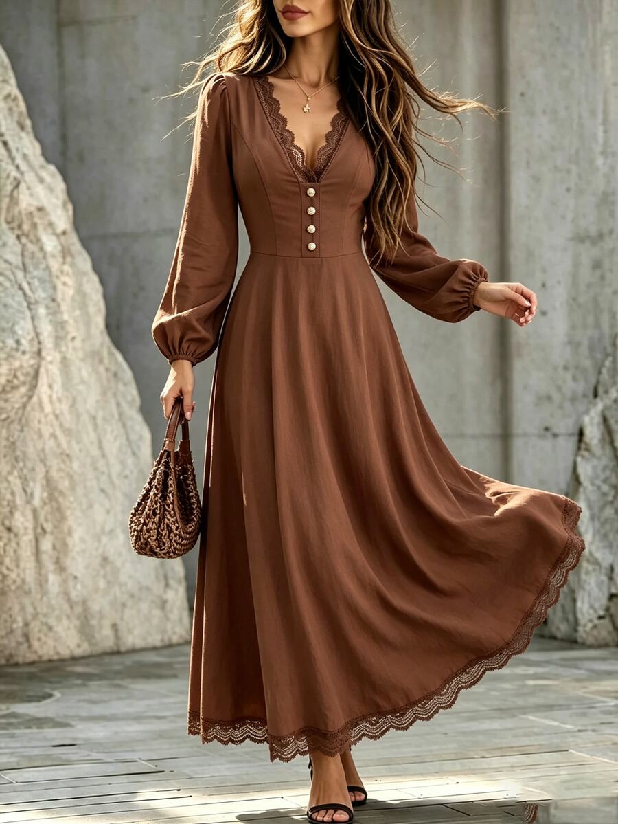 SHEIN Ladies' Autumn-Winter Dress, Featuring A Lace Brown V-Neck Design With An Elegant Style, Suitable For Parties, Banquets,Commuting,And Office Settings.