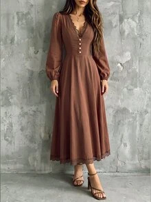 SHEIN Ladies' Autumn-Winter Dress, Featuring A Lace Brown V-Neck Design With An Elegant Style, Suitable For Parties, Banquets,Commuting,And Office Settings. - Brown - View 5