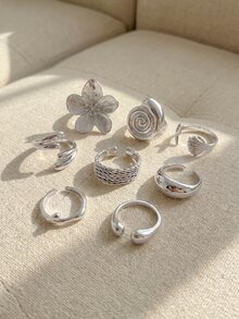 Resyla 8件套复古光滑素圈戒指，波西米亚海星个性化戒指，时尚戒指 - 銀色 - 查看 3