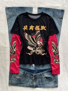 Attitoon 95%棉女款休閒2合1長袖T恤，復古Y2K風格，鷹圖案印花，中文字印花 - 彩色 - 查看 8