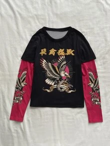 Attitoon 95%棉女款休閒2合1長袖T恤，復古Y2K風格，鷹圖案印花，中文字印花 - 彩色 - 查看 5