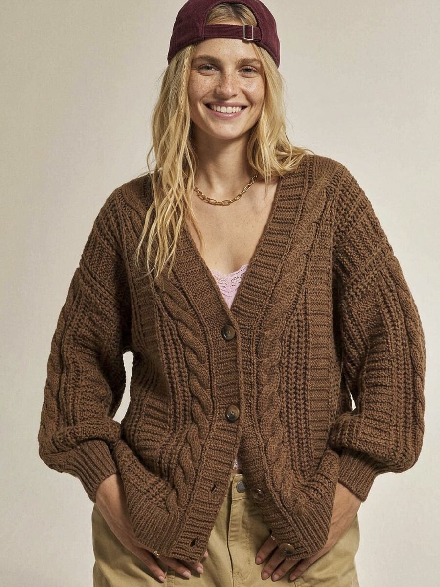 SoleilVie Bishop Sleeve Button Up Cardigan,Long Sleeve Tops Fall Winter Cloth For Women - Coffee Brown - View 1