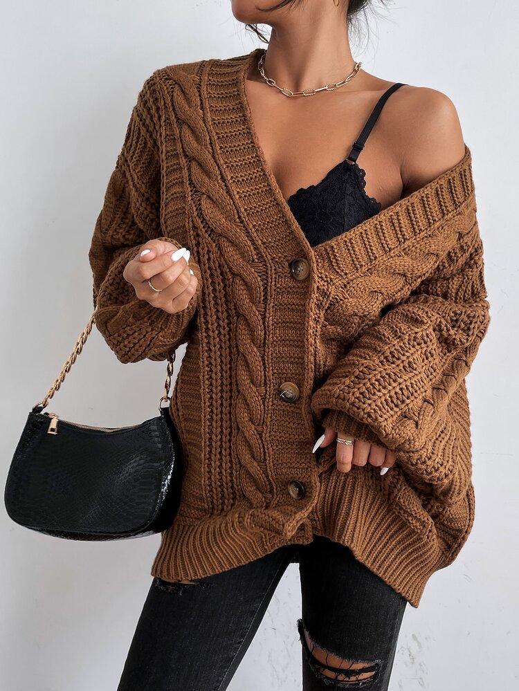 SoleilVie Bishop Sleeve Button Up Cardigan,Long Sleeve Tops Fall Winter Cloth For Women - Coffee Brown - View 7