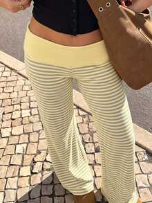 Kids Tween Girls Streetwear Cool Tween Girl Versatile Vintage Y2K Flared Long Pants Green Striped Pattern - White - View 3