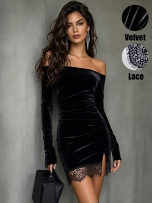 SHEIN Women's Autumn/Winter Off-Shoulder Velvet Mini Dress, Long Sleeve Fitted Bodycon With Side Slit, Patchwork Eyelash Lace Hem, Ruched Waist, Black Cocktail Dress - Black - View 4