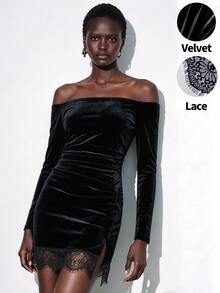 SHEIN Women's Autumn/Winter Off-Shoulder Velvet Mini Dress, Long Sleeve Fitted Bodycon With Side Slit, Patchwork Eyelash Lace Hem, Ruched Waist, Black Cocktail Dress - Black - View 2