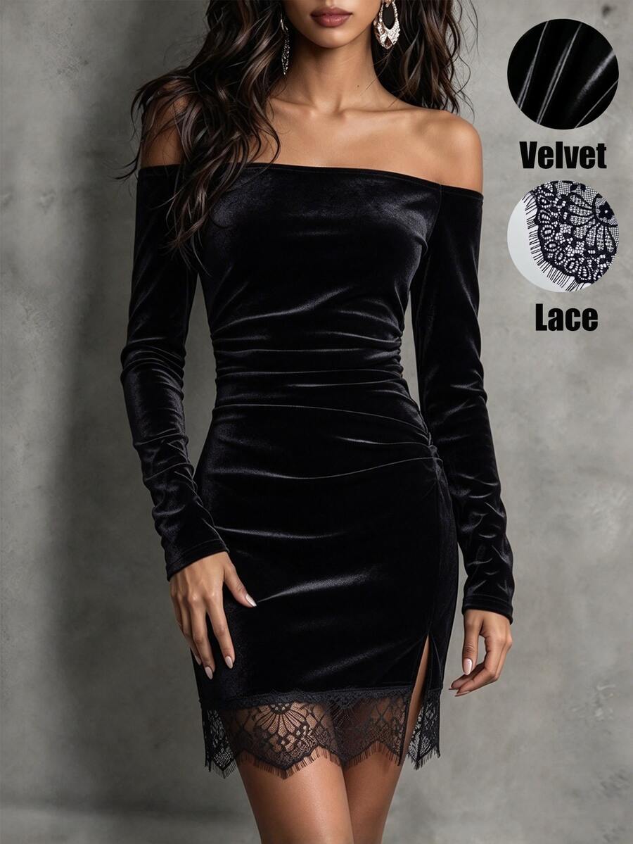SHEIN Women's Autumn/Winter Off-Shoulder Velvet Mini Dress, Long Sleeve Fitted Bodycon With Side Slit, Patchwork Eyelash Lace Hem, Ruched Waist, Black Cocktail Dress - Black - View 1