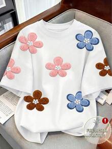 Franclia [Printed Design] Women's Digital Floral Print Colorblock Round Neck T-Shirt - White - View 1