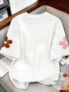 Franclia [Printed Design] Women's Digital Floral Print Colorblock Round Neck T-Shirt - White - View 2