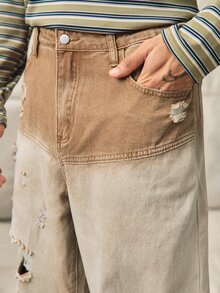 Norleigh بنطلون جينز رجالي كاجوال يومي مع جيب وزر وتصميم ممزق - كاكي - مشاهدة 5