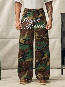 Norleigh Men's Letter Print Camouflage Casual Daily Wear Jeans - Army Green - View 3
