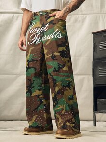 Norleigh Men's Letter Print Camouflage Casual Daily Wear Jeans - Army Green - View 1