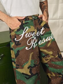 Norleigh Men's Letter Print Camouflage Casual Daily Wear Jeans - Army Green - View 6