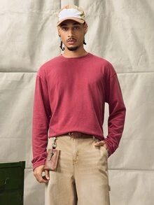 Norleigh Men's Casual Washed Loose Fit Round Neck Long Sleeve T-Shirt - Burgundy - View 5