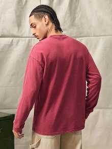 Norleigh Men's Casual Washed Loose Fit Round Neck Long Sleeve T-Shirt - Burgundy - View 2