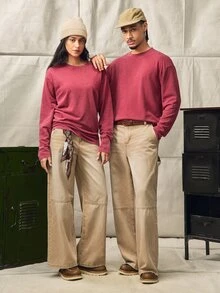 Norleigh Men's Casual Washed Loose Fit Round Neck Long Sleeve T-Shirt - Burgundy - View 8
