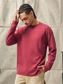 Norleigh Men's Casual Washed Loose Fit Round Neck Long Sleeve T-Shirt - Burgundy - View 4