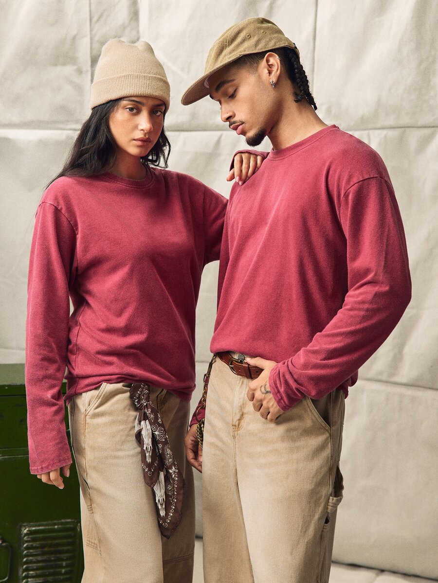 Norleigh Men's Casual Washed Loose Fit Round Neck Long Sleeve T-Shirt - Burgundy - View 1