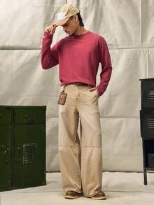 Norleigh Men's Casual Washed Loose Fit Round Neck Long Sleeve T-Shirt - Burgundy - View 9
