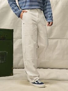 Norleigh 复古美式风格男士米色牛仔工装直筒伐木牛仔裤，适合送给丈夫、男朋友的礼物 - 米色 - 查看 7