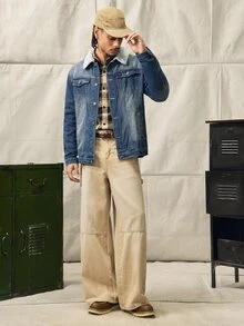 Norleigh Jaket Denim Lengan Panjang Gaya Retro Amerika untuk Pria, Cocok untuk Musim Gugur - Medium Wash - View 3