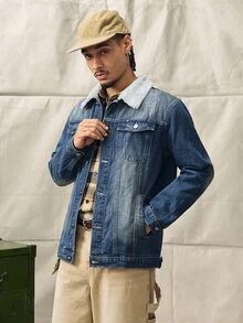 Norleigh Jaket Denim Lengan Panjang Gaya Retro Amerika untuk Pria, Cocok untuk Musim Gugur - Medium Wash - View 4