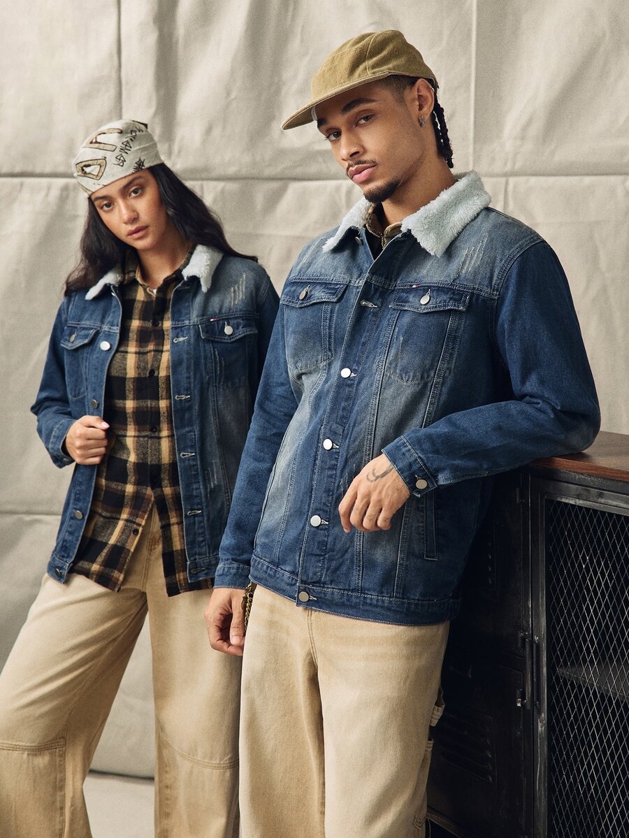 Norleigh Jaket Denim Lengan Panjang Gaya Retro Amerika untuk Pria, Cocok untuk Musim Gugur - Medium Wash - View 1