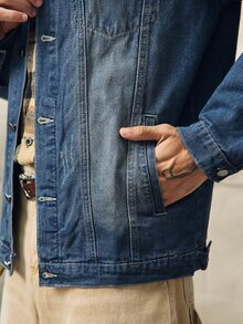 Norleigh Jaket Denim Lengan Panjang Gaya Retro Amerika untuk Pria, Cocok untuk Musim Gugur - Medium Wash - View 7