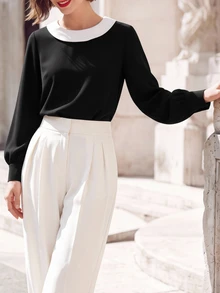SHEIN Elegant Fashion Commuter Shirt Black Solid Color Minimalist Autumn/Winter Top Versatile - Black - View 8