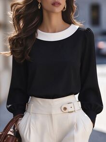 SHEIN Elegant Fashion Commuter Shirt Black Solid Color Minimalist Autumn/Winter Top Versatile - Black - View 2