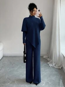 Elenzga 女款舒適柔軟針織法式休閒不對稱優雅百搭下擺設計T恤與長褲兩件套 - 藏蓝色 - 查看 7