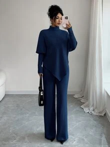 Elenzga 女款舒適柔軟針織法式休閒不對稱優雅百搭下擺設計T恤與長褲兩件套 - 藏蓝色 - 查看 1
