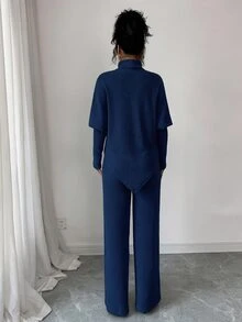Elenzga 女款舒適柔軟針織法式休閒不對稱優雅百搭下擺設計T恤與長褲兩件套 - 藏蓝色 - 查看 2