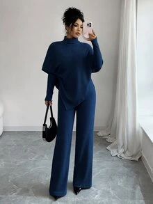 Elenzga 女款舒適柔軟針織法式休閒不對稱優雅百搭下擺設計T恤與長褲兩件套 - 藏蓝色 - 查看 5