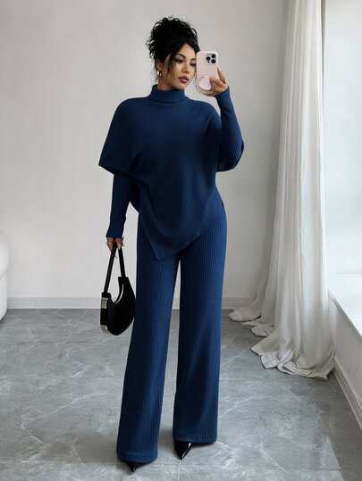 Elenzga Comfortable Soft Knit French Casual Asymmetrical Elegant Versatile Hem Design T-Shirt And Long Pants 2 Pieces Set For Women