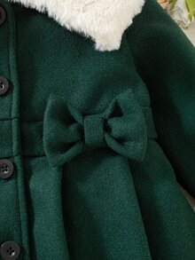 Souflis Souflis 女嬰幼童公主洋裝大衣 優雅深綠色配白色蝴蝶結 百褶人造毛領 長袖翻領 加厚款 冬季秋季派對度假穿著 - 墨綠色 - 查看 7