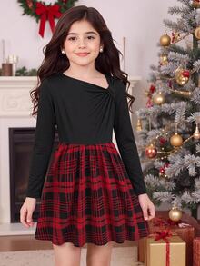 SHEIN 兒童青少年女孩秋冬休閒優雅紅色格紋長袖圓領拼接洋裝 - 紅色 - 查看 8