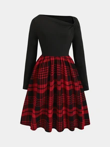 SHEIN 兒童青少年女孩秋冬休閒優雅紅色格紋長袖圓領拼接洋裝 - 紅色 - 查看 3