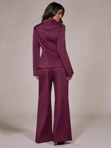 SHEIN BAE طقم بدلة نسائي أنيق بخصر مجعد وجاكيت بأكمام طويلة وبنطال مخطط - عنابي اللون - مشاهدة 2
