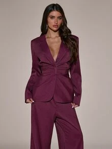 SHEIN BAE طقم بدلة نسائي أنيق بخصر مجعد وجاكيت بأكمام طويلة وبنطال مخطط - عنابي اللون - مشاهدة 4