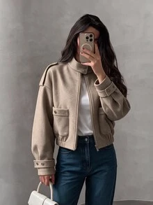 Modelyn Women Khaki Stand Collar Cropped Wool Blend Jacket Front Zip Epaulet Patch Pocket Balloon Sleeve Quiet Luxury Fall Halloween Casual Streetwear Coat - Camel - View 4